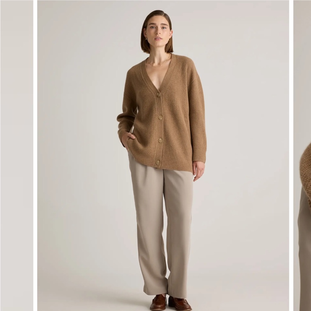 Quince Tan Cardigan Sweater V-Neck Soft Knit